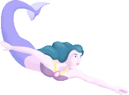 a mermaid with blue hair swimming downwards, with a blue tail curled upwards
