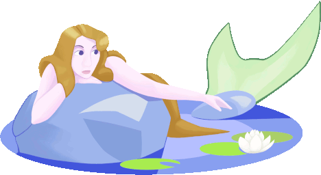 a mermaid with blonde hair laying over a rock with her hand under her chin with some lilypads around her